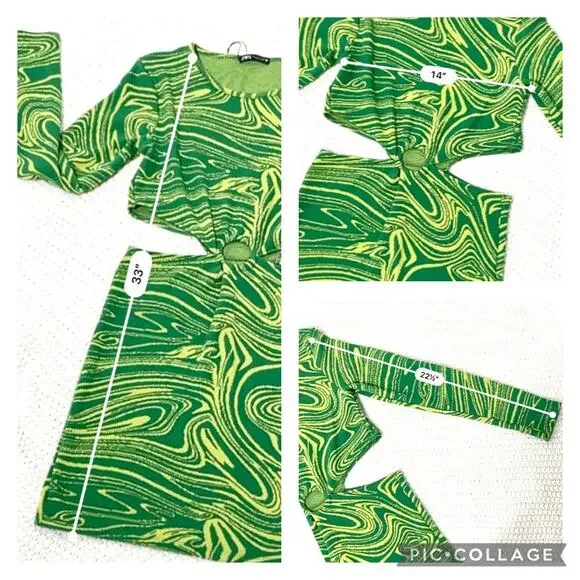 Zara Green Cut Out Jacquard Mini Dress SZ L - Picture 9 of 10